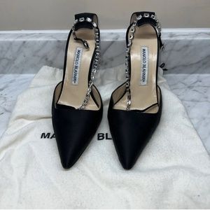 Manolo Blahnik Black Satin Pumps with Crystal Embellishments IT 36.5